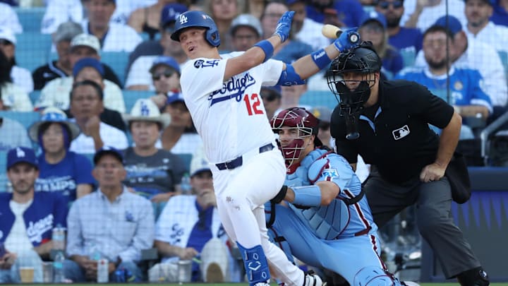 Oct 9, 2025; Los Angeles, California, USA; Los Angeles Dodgers right fielder Alex Call (12) singles in the fifth inning against the Philadelphia Phillies during game four of the NLDS round for the 2025 MLB playoffs at Dodger Stadium. Oct 9, 2025; Los Angeles, California, USA; Los Angeles Dodgers right fielder Alex Call (12) singles in the fifth inning against the Philadelphia Phillies during game four of the NLDS round for the 2025 MLB playoffs at Dodger Stadium.