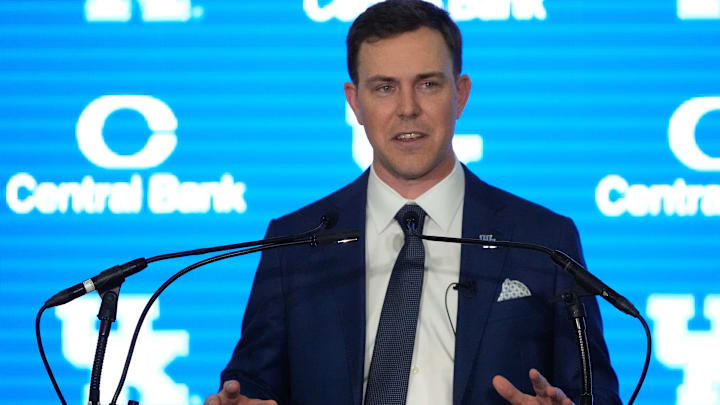 New Kentucky Wildcat head coach Will Stein makes remarks as he is introduced at Kentucky on Wednesday, December 3, 2025