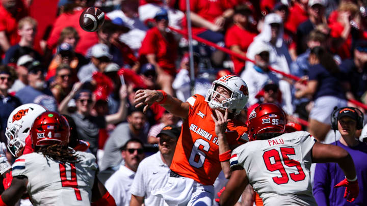 Oct 4, 2025; Tucson, Arizona, USA; Oklahoma State Cowboys quarterback Zane Flores (6) throws a pass under pressure against the Arizona Wildcats during the first quarter at Arizona Stadium. Mandatory Credit: Aryanna Frank-Imagn Images Oct 4, 2025; Tucson, Arizona, USA; Oklahoma State Cowboys quarterback Zane Flores (6) throws a pass under pressure against the Arizona Wildcats during the first quarter at Arizona Stadium. Mandatory Credit: Aryanna Frank-Imagn Images