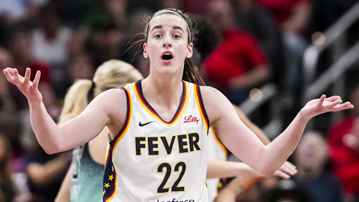 May 24, 2025; Indianapolis, Indiana, USA; Indiana Fever guard Caitlin Clark (22) reacts to the officiating during a game between the Indiana Fever and the New York Liberty at Gainbridge Fieldhouse. Mandatory Credit: Grace Smith/USA Today Network via Imagn Images