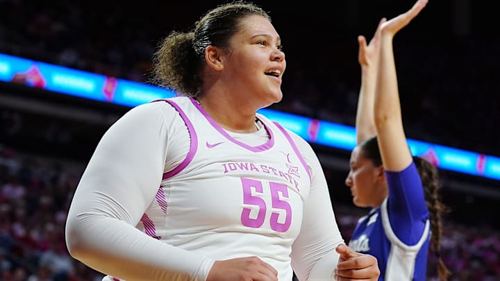 Iowa State Cyclones' center Audi Crooks (55) reacts after a score against Kansas State during the second quarter in the Big-12 conference women’s basketball on Feb. 15, 2026, at Hilton Coliseum, in Ames, Iowa. Iowa State Cyclones' center Audi Crooks (55) reacts after a score against Kansas State during the second quarter in the Big-12 conference women’s basketball on Feb. 15, 2026, at Hilton Coliseum, in Ames, Iowa.