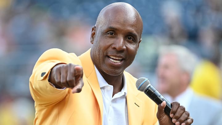 Barry Bonds addresses the fans after being inducted into the Pittsburgh Pirates Hall of Fame at PNC Park. 