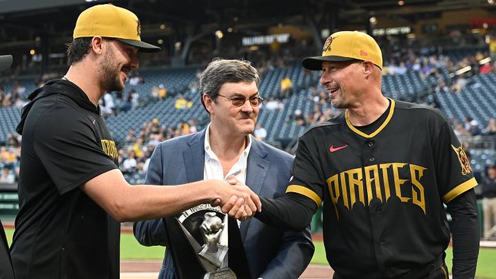 Apr 17, 2026; Pittsburgh, Pennsylvania, USA; Pittsburgh Pirates starting pitcher Paul Skenes (left) shakes the hand of manager Don Kelly, right, upon accepting his Cy Young Award from owner Bob Nutting before a game against the Tampa Bay Rays Tampa Bay Rays at PNC Park. Mandatory Credit: Philip G. Pavely-Imagn Images Apr 17, 2026; Pittsburgh, Pennsylvania, USA; Pittsburgh Pirates starting pitcher Paul Skenes (left) shakes the hand of manager Don Kelly, right, upon accepting his Cy Young Award from owner Bob Nutting before a game against the Tampa Bay Rays Tampa Bay Rays at PNC Park. Mandatory Credit: Philip G. Pavely-Imagn Images