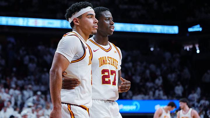 Iowa State Cyclones guard Tamin Lipsey (3) and Iowa State Cyclones forward Killyan Toure (27) celebrates after winning 69-72 over Baylor in the Big-12 men’s basketball on Feb. 7, 2026, at Hilton Coliseum in Ames, Iowa