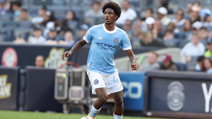 Jun 19, 2022; New York, New York, USA; New York City FC forward Talles Magno (43) controls the ball