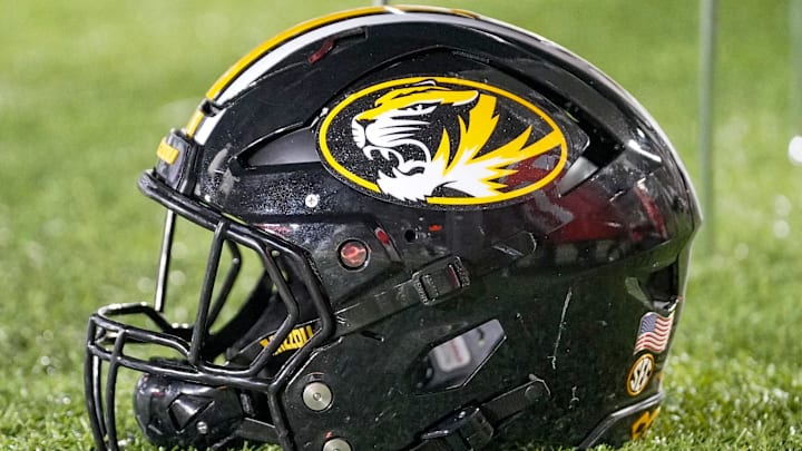 Aug 28, 2025; Columbia, Missouri, USA; A general view of a Missouri Tigers helmet against the Central Arkansas Bears during the second half of the game at Faurot Field at Memorial Stadium. Mandatory Credit: Denny Medley-Imagn Images