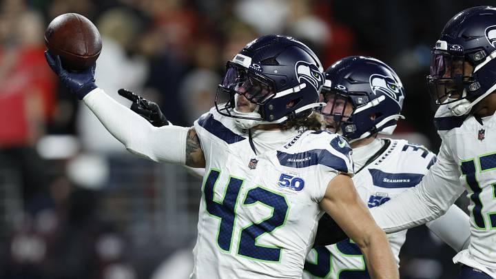 Jan 3, 2026; Santa Clara, California, USA; Seattle Seahawks linebacker Drake Thomas (42) reacts after an interception against the San Francisco 49ers during the second half at Levi's Stadium. Mandatory Credit: Sergio Estrada-Imagn Images