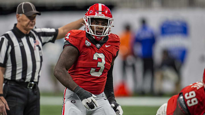 Nov 28, 2025; Atlanta, Georgia, USA; Georgia Bulldogs linebacker CJ Allen (3) on the field against the Georgia Tech Yellow Jackets during the first half at Mercedes-Benz Stadium. Mandatory Credit: Dale Zanine-Imagn Images