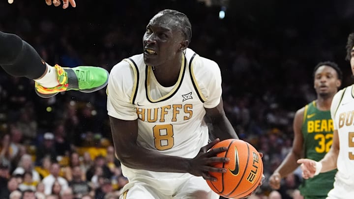Feb 22, 2025; Boulder, Colorado, USA; Colorado Buffaloes forward Bangot Dak (8) controls the ball in the second half against the Baylor Bears at the CU Events Center. Mandatory Credit: Ron Chenoy-Imagn Images Feb 22, 2025; Boulder, Colorado, USA; Colorado Buffaloes forward Bangot Dak (8) controls the ball in the second half against the Baylor Bears at the CU Events Center. Mandatory Credit: Ron Chenoy-Imagn Images
