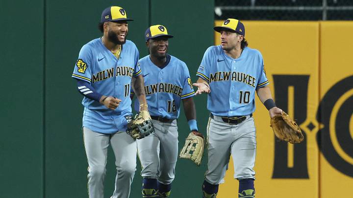 Sep 16, 2026; Pittsburgh, Pennsylvania, USA;  Milwaukee Brewers left fielder Jackson Chourio (11) and center fielder Luis Lara (18) and right fielder Sal Frelick (10) react in the outfield after defeating the Pittsburgh Pirates at PNC Park.  Mandatory Credit: Charles LeClaire-Imagn Images