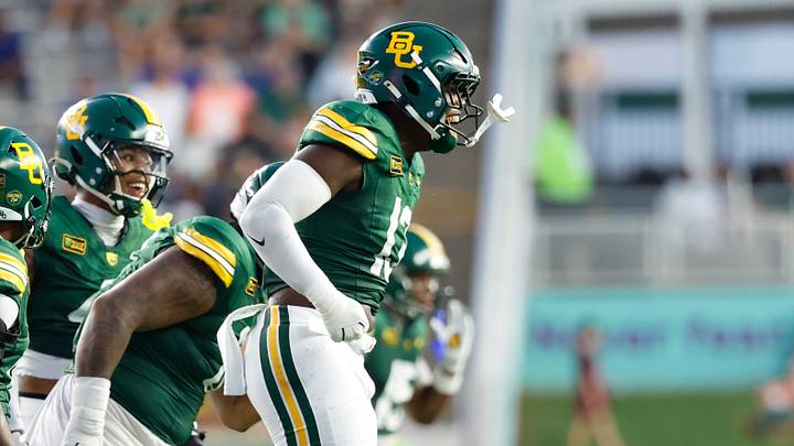 Sep 12, 2026; Waco, Texas, USA; Baylor Bears linebacker Garrick Ponder (13) reacts after a sack against the Prairie View A&M Panthers during the first half at McLane Stadium. Mandatory Credit: Chris Jones-Imagn Images Sep 12, 2026; Waco, Texas, USA; Baylor Bears linebacker Garrick Ponder (13) reacts after a sack against the Prairie View A&M Panthers during the first half at McLane Stadium. Mandatory Credit: Chris Jones-Imagn Images