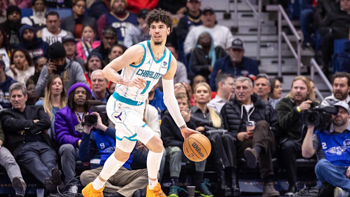 Jan 17, 2024; New Orleans, Louisiana, USA; Charlotte Hornets guard LaMelo Ball (1) dribbles against the New Orleans Pelicans during the second half at Smoothie King Center. Mandatory Credit: Stephen Lew-USA TODAY Sports