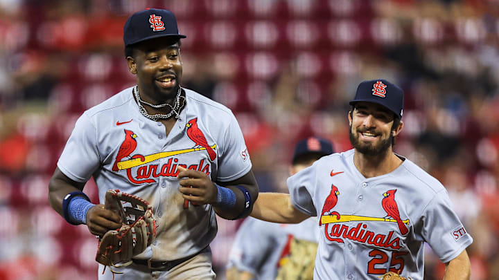 Aug 29, 2025; Cincinnati, Ohio, USA; St. Louis Cardinals outfielder Jordan Walker (18) and second baseman Thomas Saggese (25) run off the field in the sixth inning against the Cincinnati Reds at Great American Ball Park. Mandatory Credit: Katie Stratman-Imagn Images Aug 29, 2025; Cincinnati, Ohio, USA; St. Louis Cardinals outfielder Jordan Walker (18) and second baseman Thomas Saggese (25) run off the field in the sixth inning against the Cincinnati Reds at Great American Ball Park. Mandatory Credit: Katie Stratman-Imagn Images