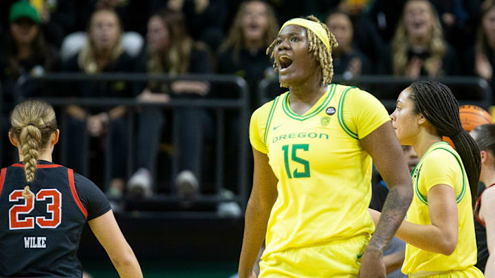 Oregon center Phillipina Kyei celebrates after a foul as the Oregon Ducks host the No. 16 Utah Utes.