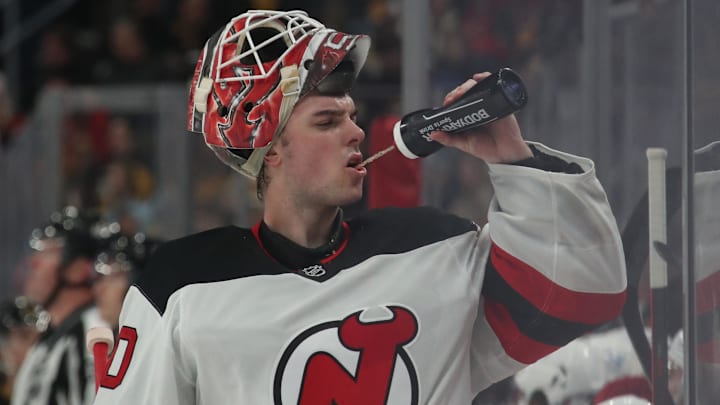 New Jersey Devils goaltender Nico Daws (50). Mandatory Credit: Charles LeClaire-Imagn Images