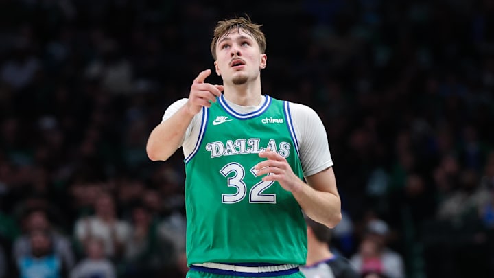 Jan 29, 2026; Dallas, Texas, USA;  Dallas Mavericks forward Cooper Flagg (32) reacts during the second half against the Charlotte Hornets at American Airlines Center. Mandatory Credit: Kevin Jairaj-Imagn Images