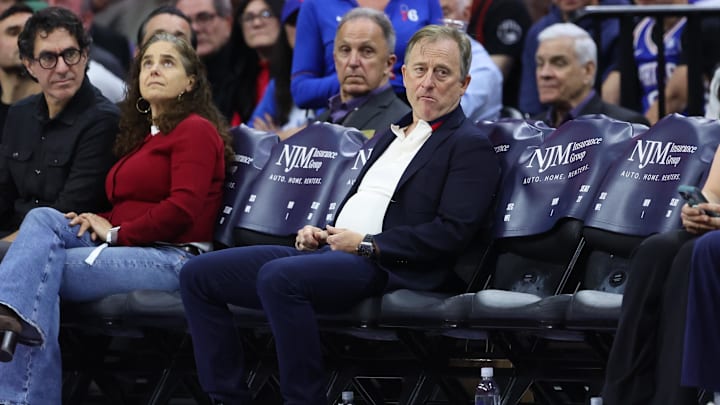 Apr 3, 2026; Philadelphia, Pennsylvania, USA; Josh Harris Managing Partner of the Philadelphia 76ers Josh Harris looks on during the third quarter against the Minnesota Timberwolves at Xfinity Mobile Arena. Mandatory Credit: Bill Streicher-Imagn Images