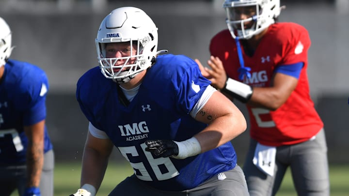 Offensive lineman Breck Kolojay (#66) during practice on Friday, Aug. 2, 2024 on IMG Academy Football Media Day in Bradenton, Florida.