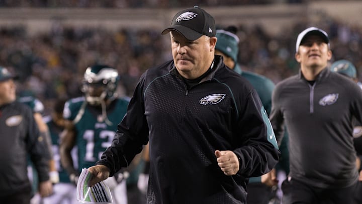 Dec 26, 2015; Philadelphia, PA, USA; Philadelphia Eagles head coach Chip Kelly runs off the field at halftime against the Washington Redskins at Lincoln Financial Field. The Redskins won 38-24. Mandatory Credit: Bill Streicher-Imagn Images Dec 26, 2015; Philadelphia, PA, USA; Philadelphia Eagles head coach Chip Kelly runs off the field at halftime against the Washington Redskins at Lincoln Financial Field. The Redskins won 38-24. Mandatory Credit: Bill Streicher-Imagn Images