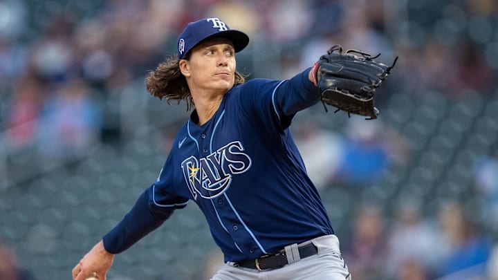 Sep 11, 2023; Minneapolis, Minnesota, USA; Tampa Bay Rays starting pitcher Tyler Glasnow (20)