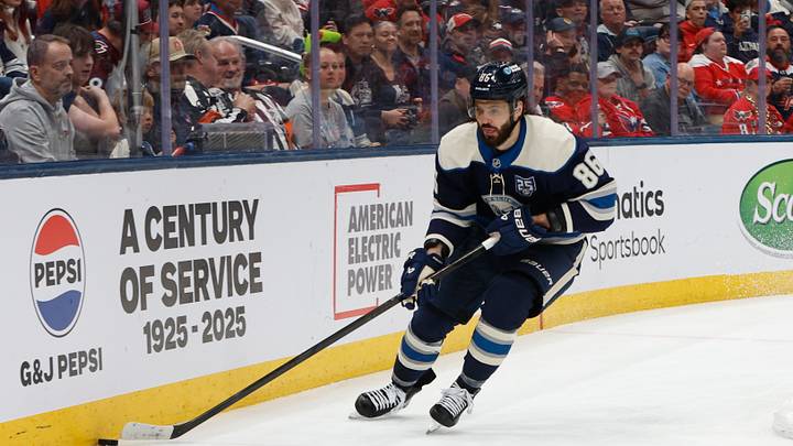 Apr 14, 2026; Columbus, Ohio, USA; Columbus Blue Jackets right wing Kirill Marchenko (86) skates with the puck against the Washington Capitals during the second period at Nationwide Arena. Mandatory Credit: Russell LaBounty-Imagn Images
