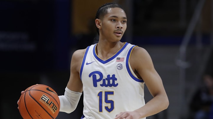 Dec 21, 2024; Pittsburgh, Pennsylvania, USA;  Pittsburgh Panthers guard Jaland Lowe (15) brings the ball up court against the Sam Houston State Bearkats during the first half at the Petersen Events Center. Mandatory Credit: Charles LeClaire-Imagn Images