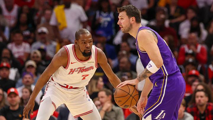 Mar 18, 2026; Houston, Texas, USA; Los Angeles Lakers guard Luka Doncic (77) dribbles against Houston Rockets forward Kevin Durant (7) in the first quarter at Toyota Center. Mandatory Credit: Thomas Shea-Imagn Images Mar 18, 2026; Houston, Texas, USA; Los Angeles Lakers guard Luka Doncic (77) dribbles against Houston Rockets forward Kevin Durant (7) in the first quarter at Toyota Center. Mandatory Credit: Thomas Shea-Imagn Images