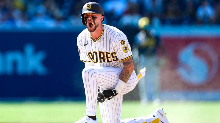 Aug 12, 2026; San Diego, California, USA; San Diego Padres center fielder Jackson Merrill (3) celebrates after hitting a double during the ninth inning against the Milwaukee Brewers at Petco Park. Mandatory Credit: David Frerker-Imagn Images Aug 12, 2026; San Diego, California, USA; San Diego Padres center fielder Jackson Merrill (3) celebrates after hitting a double during the ninth inning against the Milwaukee Brewers at Petco Park. Mandatory Credit: David Frerker-Imagn Images