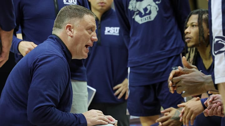 Penn State Nittany Lions head coach Mike Rhoades talks to his team Penn State Nittany Lions head coach Mike Rhoades talks to his team