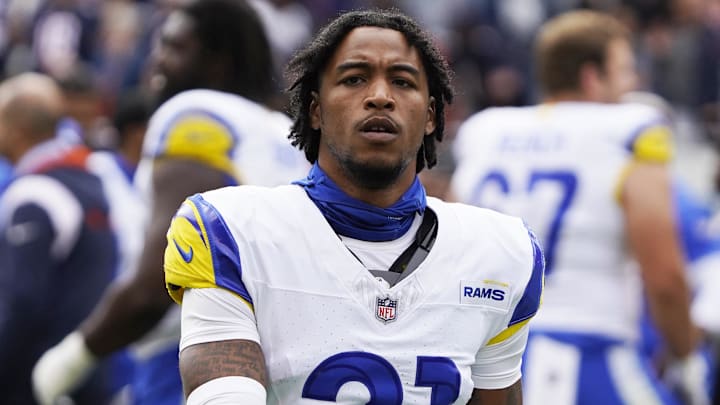 Sep 29, 2024; Chicago, Illinois, USA; Los Angeles Rams cornerback Charles Woods (21) in a game against the Chicago Bears at Soldier Field. Mandatory Credit: David Banks-Imagn Images Sep 29, 2024; Chicago, Illinois, USA; Los Angeles Rams cornerback Charles Woods (21) in a game against the Chicago Bears at Soldier Field. Mandatory Credit: David Banks-Imagn Images
