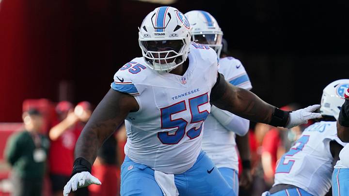 Aug 13, 2026; Santa Clara, California, USA; Tennessee Titans offensive tackle JC Latham (55) blocks against the San Francisco 49ers in the first quarter at Levi's Stadium. Mandatory Credit: David Gonzales-Imagn Images Aug 13, 2026; Santa Clara, California, USA; Tennessee Titans offensive tackle JC Latham (55) blocks against the San Francisco 49ers in the first quarter at Levi's Stadium. Mandatory Credit: David Gonzales-Imagn Images