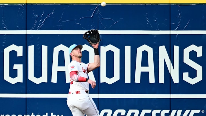 Jul 4, 2025: Cleveland Guardians right fielder Nolan Jones (22) catches a ball hit by Detroit Tigers center fielder Parker Meadows (not pictured) during the fourth inning at Progressive Field. 