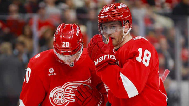 Jan 27, 2026; Detroit, Michigan, USA; Detroit Red Wings center Andrew Copp (18) talks with Detroit Red Wings defenseman Albert Johansson (20) during the second period against the Los Angeles Kings at Little Caesars Arena. Mandatory Credit: Brian Bradshaw Sevald-Imagn Images Jan 27, 2026; Detroit, Michigan, USA; Detroit Red Wings center Andrew Copp (18) talks with Detroit Red Wings defenseman Albert Johansson (20) during the second period against the Los Angeles Kings at Little Caesars Arena. Mandatory Credit: Brian Bradshaw Sevald-Imagn Images