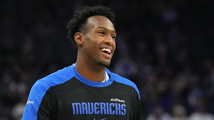 Dec 30, 2024; Sacramento, California, USA; Dallas Mavericks forward Olivier-Maxence Prosper (8) before the game against the Sacramento Kings at Golden 1 Center. Mandatory Credit: Darren Yamashita-Imagn Images