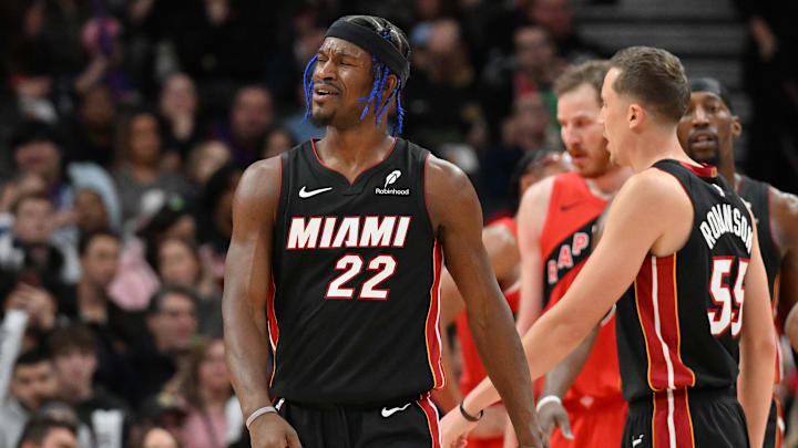 Dec 1, 2024; Toronto, Ontario, CAN; Miami Heat forward Jimmy Butler (22) reacts to an officiating call in the first half against the Toronto Raptors at Scotiabank Arena. Mandatory Credit: Dan Hamilton-Imagn Images Dec 1, 2024; Toronto, Ontario, CAN; Miami Heat forward Jimmy Butler (22) reacts to an officiating call in the first half against the Toronto Raptors at Scotiabank Arena. Mandatory Credit: Dan Hamilton-Imagn Images