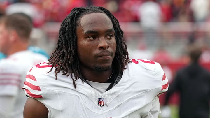 Sep 28, 2025; Santa Clara, California, USA; San Francisco 49ers cornerback Upton Stout (20) after the game against the Jacksonville Jaguars at Levi's Stadium. Mandatory Credit: Darren Yamashita-Imagn Images