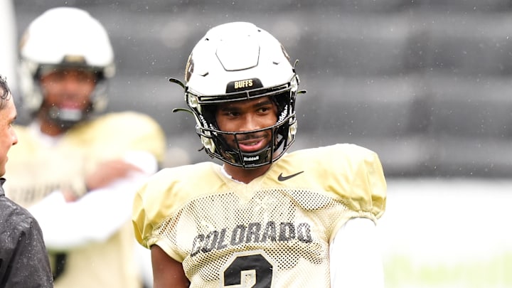 Apr 27, 2024; Boulder, CO, USA; Colorado Buffaloes quarterback Shedeur Sanders (2) warms up during a