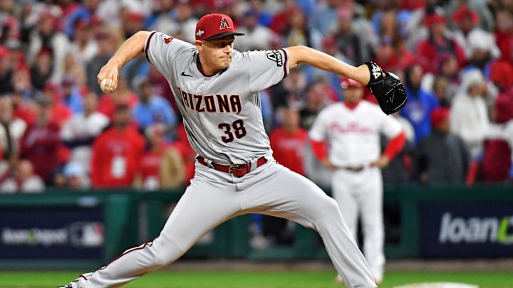 Oct 23, 2023; Philadelphia, Pennsylvania, USA; Arizona Diamondbacks relief pitcher Paul Sewald (38)