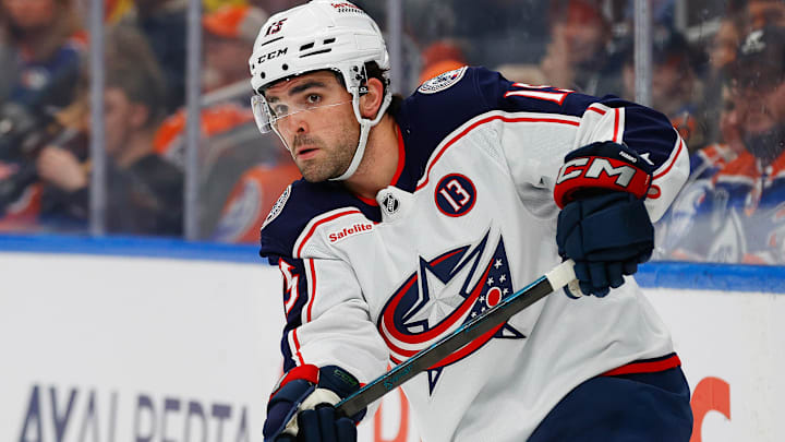 Nov 23, 2024; Edmonton, Alberta, CAN; Columbus Blue Jackets defensemen Dante Fabbro (15) makes a pass against the Edmonton Oilers at Rogers Place. Mandatory Credit: Perry Nelson-Imagn Images
