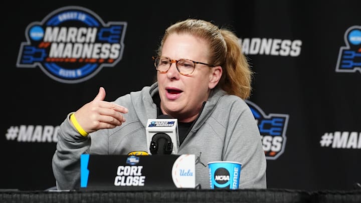 Mar 28, 2024; Albany, NY, USA; UCLA Bruins head coach Cori Close answers questions during the press conference prior to their NCAA Tournament Sweet 16 game at MVP Arena. Mandatory Credit: Gregory Fisher-Imagn Images Mar 28, 2024; Albany, NY, USA; UCLA Bruins head coach Cori Close answers questions during the press conference prior to their NCAA Tournament Sweet 16 game at MVP Arena. Mandatory Credit: Gregory Fisher-Imagn Images