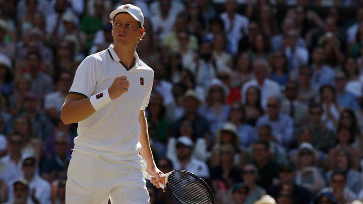 Jul 12, 2026; London, United Kingdom; Jannik Sinner (ITA) reacts after winning a point against Alexander Zverev (GER) (not pictured) in the gentlemen's singles final of The Championships Wimbledon 2026 at All England Lawn Tennis and Croquet Club. Mandatory Credit: Geoff Burke-Imagn Images