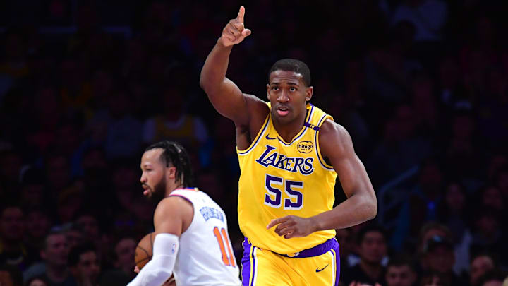 Mar 6, 2025; Los Angeles, California, USA;  Los Angeles Lakers center Trey Jemison III (55) reacts after scoring a basket against the against the New York Knicks during the first half at Crypto.com Arena. Mandatory Credit: Gary A. Vasquez-Imagn Images
