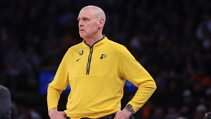 Apr 9, 2023; New York, New York, USA; Indiana Pacers head coach Rick Carlisle looks on during the second quarter against the New York Knicks at Madison Square Garden. Mandatory Credit: Vincent Carchietta-USA TODAY Sports