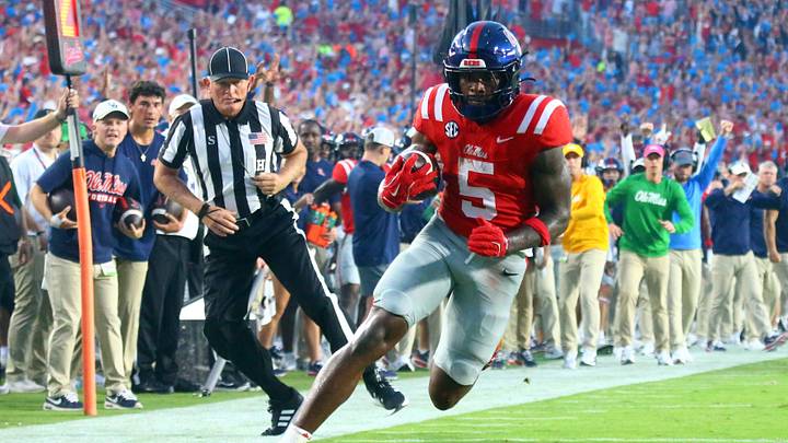 Sep 12, 2026; Oxford, Mississippi, USA;  Mississippi Rebels running back Kewan Lacy (5) runs the ball for a touchdown during the first quarter against the Charlotte 49ers at Vaught-Hemingway Stadium.  Mandatory Credit: Petre Thomas-Imagn Images