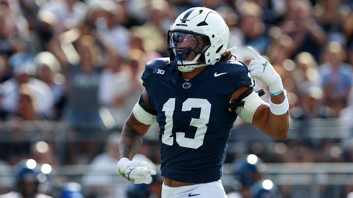 Penn State Nittany Lions linebacker Tony Rojas reacts following a sack against the Villanova Wildcats at Beaver Stadium. 