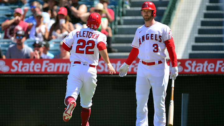 Aug 17, 2022; Anaheim, California, USA; Los Angeles Angels second baseman David Fletcher (22) is Aug 17, 2022; Anaheim, California, USA; Los Angeles Angels second baseman David Fletcher (22) is