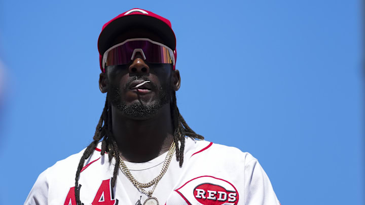 Jun 8, 2025; Cincinnati, Ohio, USA; Cincinnati Reds shortstop Elly De La Cruz (44) walks to the dugout between innings against the Arizona Diamondbacks at Great American Ball Park. Mandatory Credit: Aaron Doster-Imagn Images