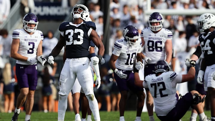 Oct 11, 2025; University Park, Pennsylvania, USA; Penn State Nittany Lions defensive end Dani Dennis-Sutton (33) reacts following a tackle during the second quarter against the Northwestern Wildcats at Beaver Stadium. Mandatory Credit: Matthew O'Haren-Imagn Images