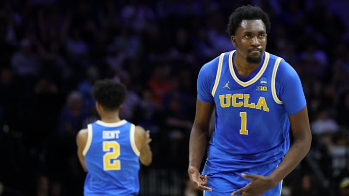 Mar 22, 2026; Philadelphia, PA, USA; UCLA Bruins center Xavier Booker (1) reacts against the UConn Huskies in the first half during a second round game of the men's 2026 NCAA Tournament at Xfinity Mobile Arena. Mandatory Credit: Bill Streicher-Imagn Images