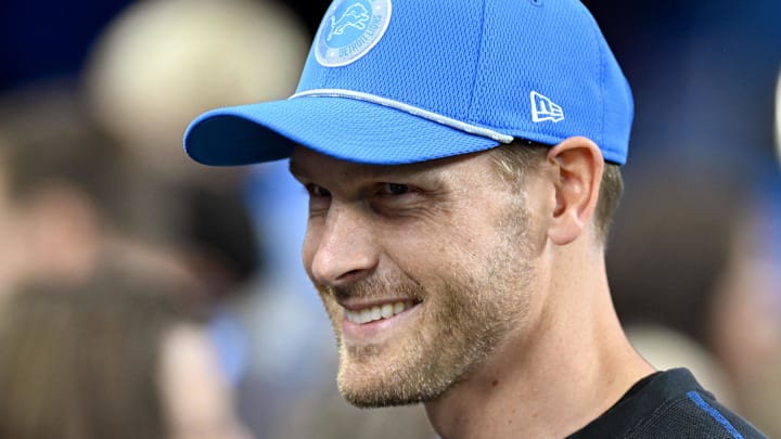 Detroit Lions offensive coordinator Ben Johnson talks with fans on the sidelines during pregame warmups Detroit Lions offensive coordinator Ben Johnson talks with fans on the sidelines during pregame warmups